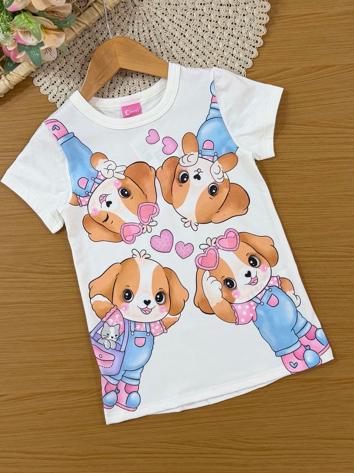 Conjunto Infantil Cinti Verão com Calça Legging Rosa e Blusa Cachorrinhos
