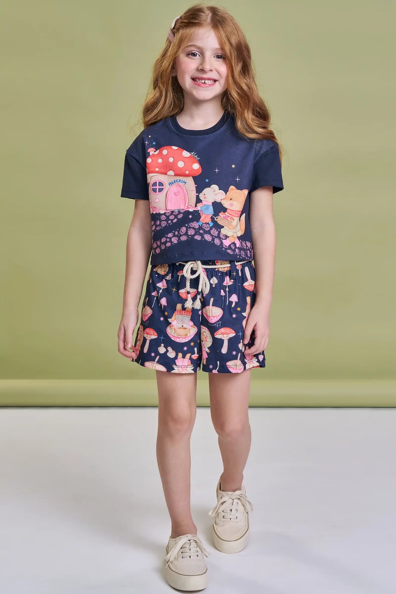 Conjunto Infantil Kukiê Inverno com Shorts e Blusa Manga Curta Azul Marinho Casinha Cogumelo