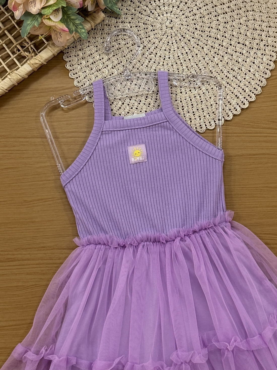 Vestido Infantil Bimbi Verão Lilás com Sobreposição em Tule
