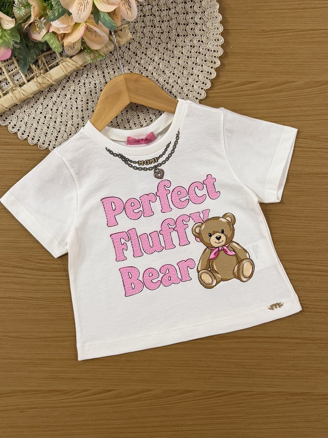 Conjunto Infantil Momi Inverno com Short-Saia e Blusa Branca Ursinho Fofo com Strass