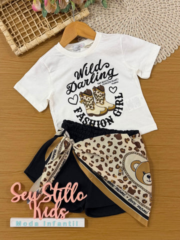 Conjunto Infantil Momi Inverno, Shorts Preto com Lenço e Blusa Manga Curta Fashion Girl