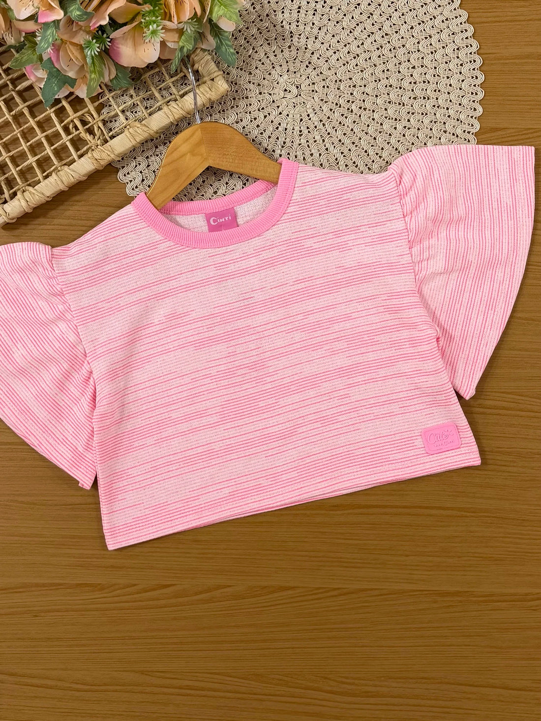 Conjunto Infantil Cinti Inverno com Shorts e Blusa Manga Curta Rosa Listrada