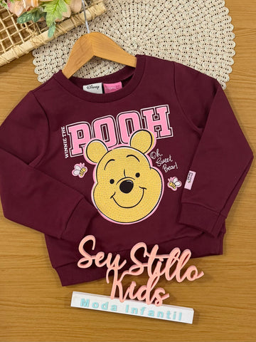Moletom Infantil Momi Inverno sem Flanela Vinho Ursinho Pooh com Strass