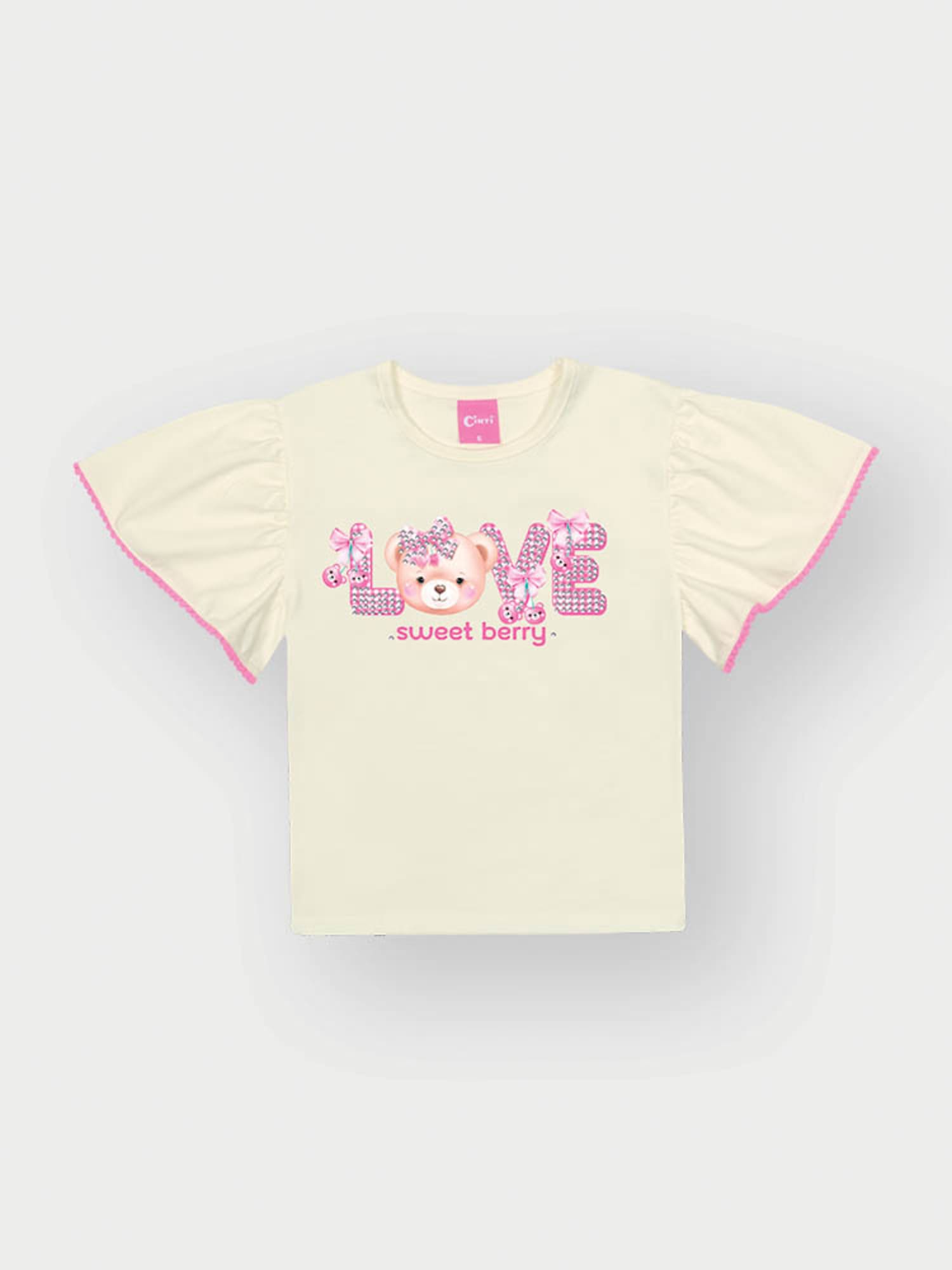 Conjunto Infantil Cinti Verão com Shorts Rosa e Blusa Branca Ursinha Love com Strass