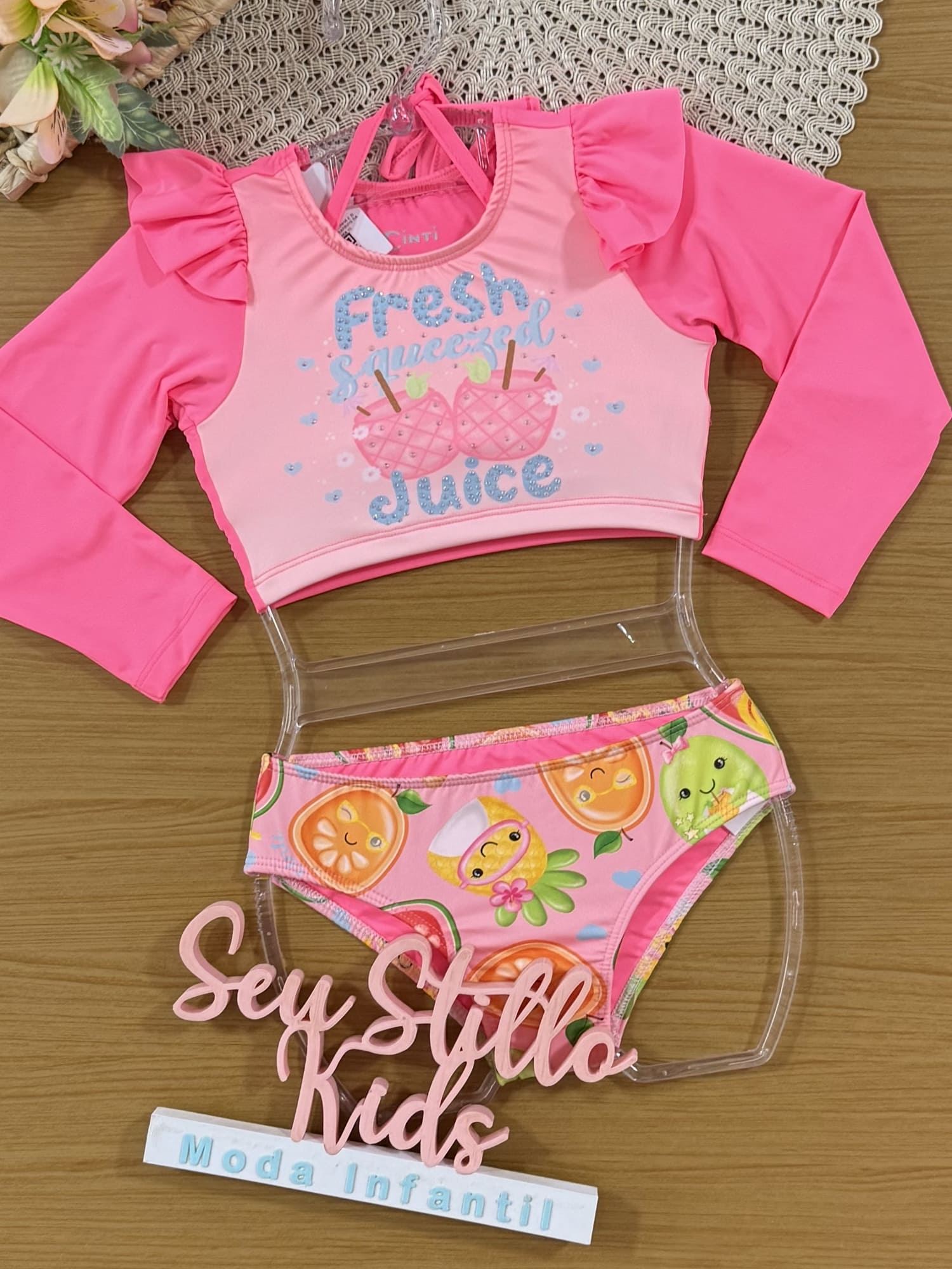 Biquíni Infantil Cinti Verão com Cropped  Manga Longa Rosa Neon Fresh