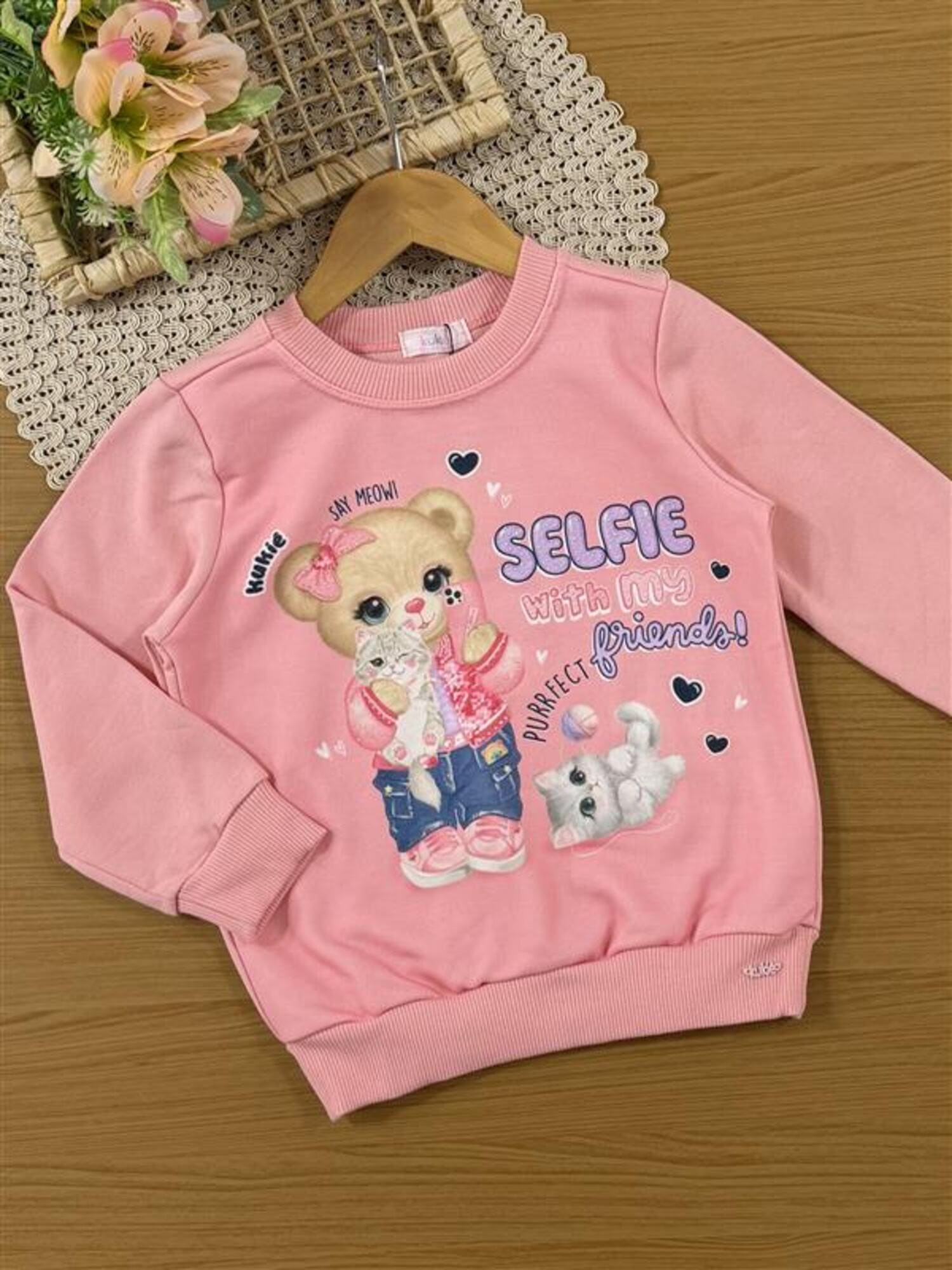 Conjunto Infantil Kukiê Inverno com Calça Legging Azul e Moletom Flanelado Ursinha Selfie