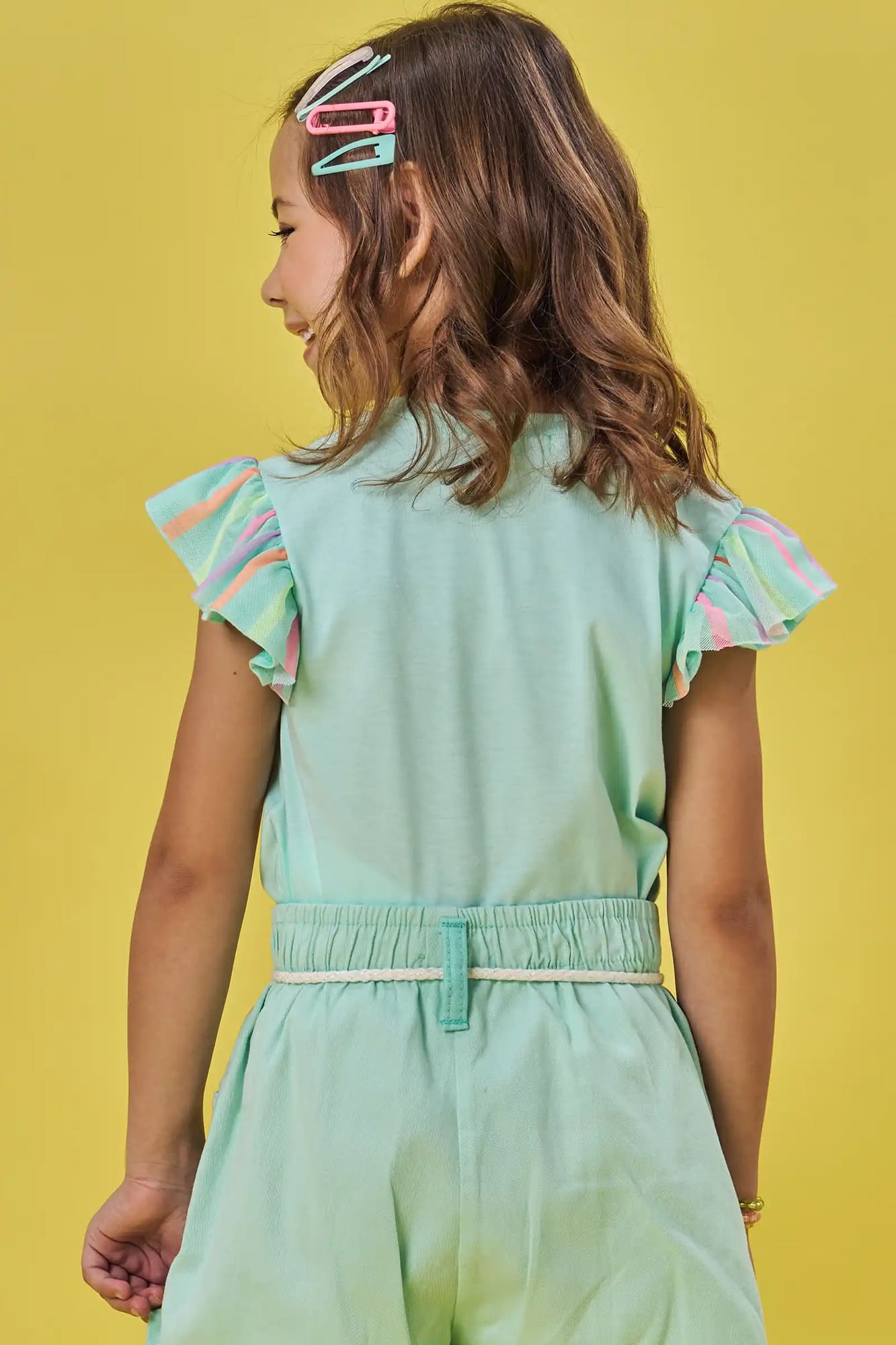 Blusa Infantil Kukiê Verão Verde Ursinha Arco-íris com Strass