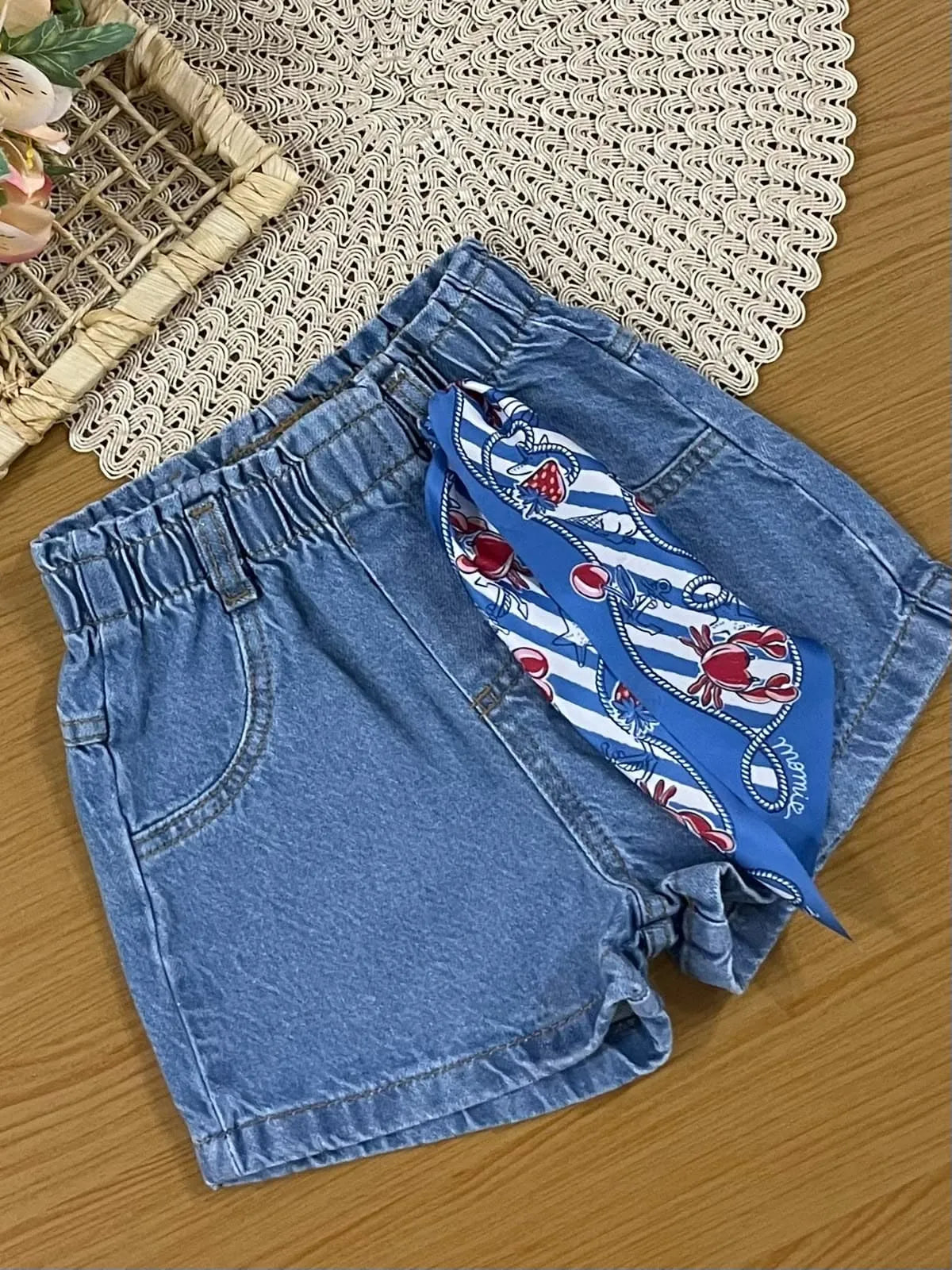 Shorts Infantil Menina Momi Jeans com Lenço