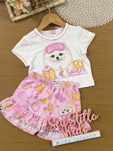 Pijama Infantil Kukiê Verão com Shorts Rosa e Blusa Branca Cachorrinha