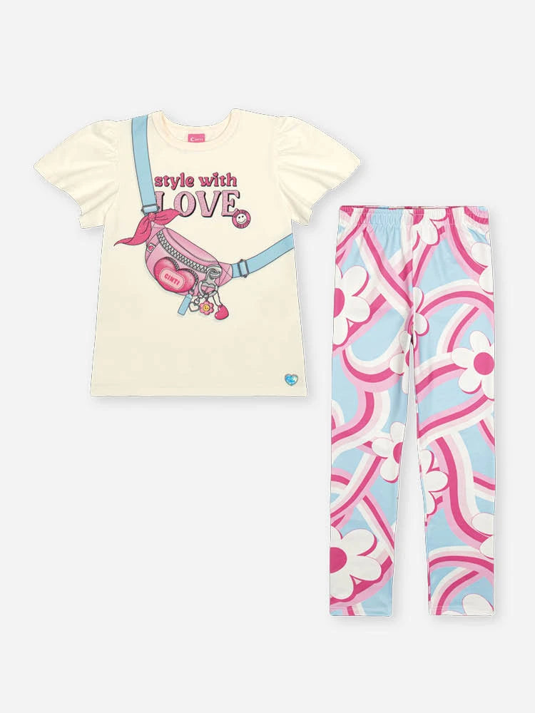 Conjunto Infantil Menina com Calça Legging Colorido e Blusa Bolsinha 3D Love