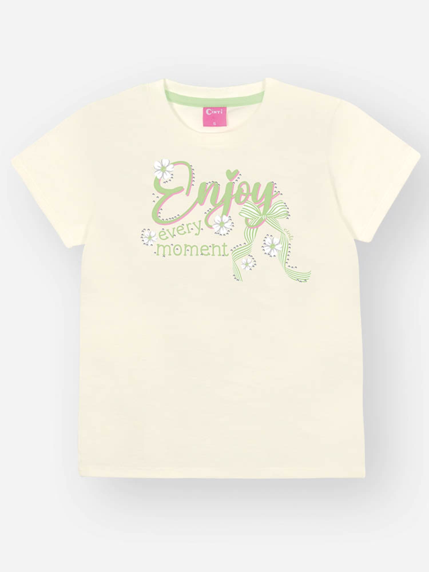 Conjunto Infantil Cinti Verão com Shorts Ciclista Verde e Blusa Branca Enjoy