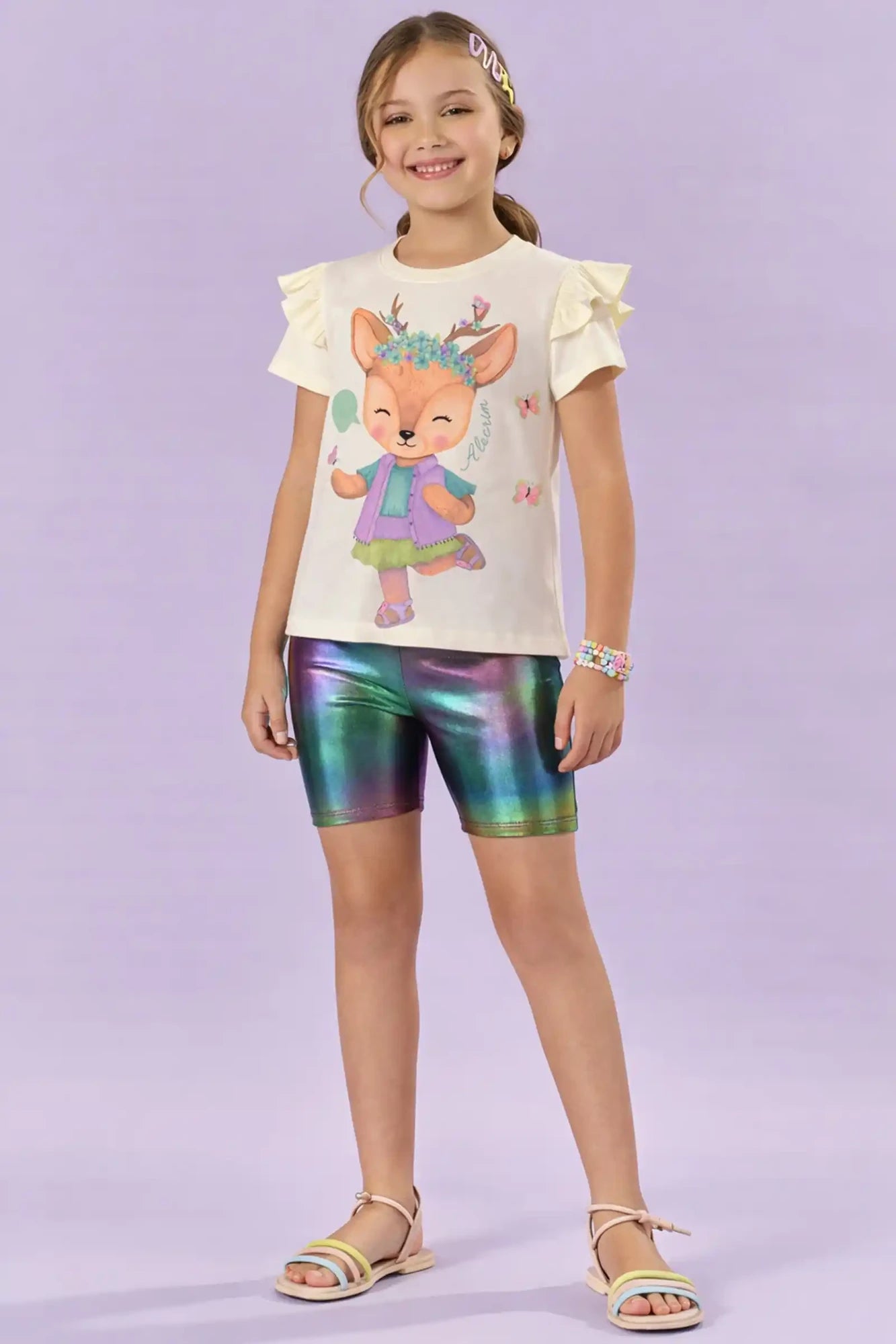 Conjunto Infantil Kukiê com Shorts Ciclista Holografico e Blusa Manga Curta Rena