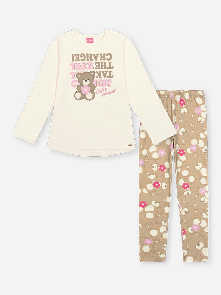 Conjunto Infantil Cinti Inverno com Calça Legging Bege e Blusa Manga Longa Ursinha