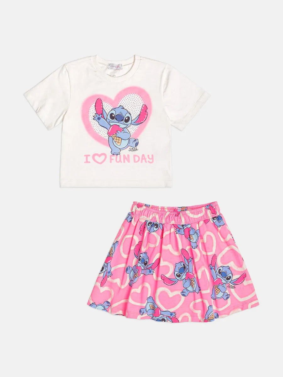 Conjunto Infantil Menina Momi Saia Rosa e Blusa Stitch Strass Disney