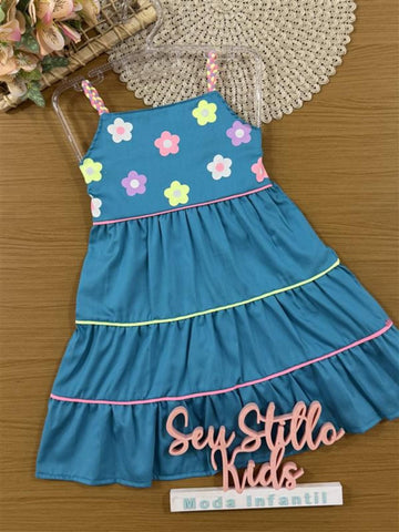 Vestido Infantil Kukiê Verão Azul Florzinha