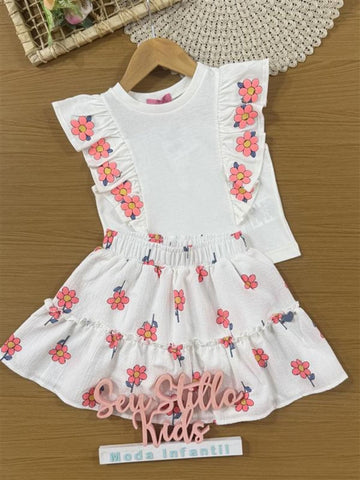 Conjunto Infantil Momi Verão com Saia e Blusa Branca Flozinhas