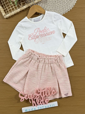 Conjunto Infantil Momi Inverno com Shorts Rosa e Blusa Manga Longa Branca com Strass
