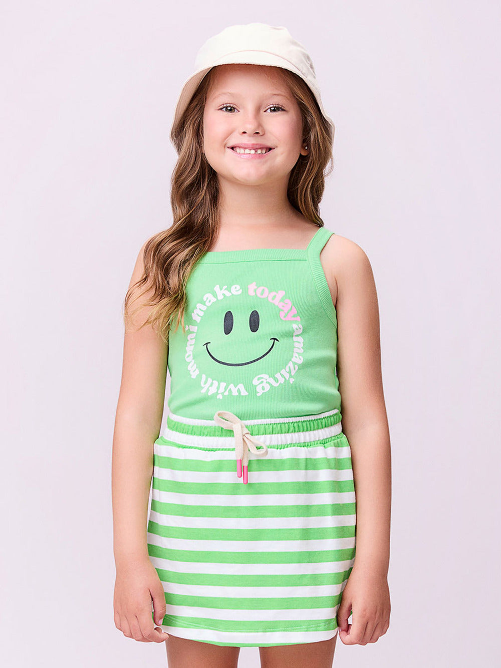 Conjunto Infantil Momi Verão Shorts Saia e Regata Verde Smile