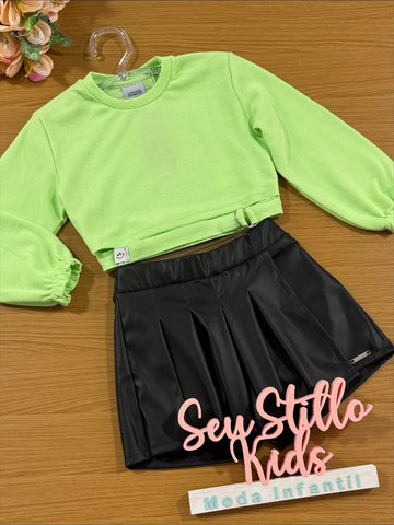 Conjunto Infantil Catavento Inverno Shorts Saia e Blusa Verde