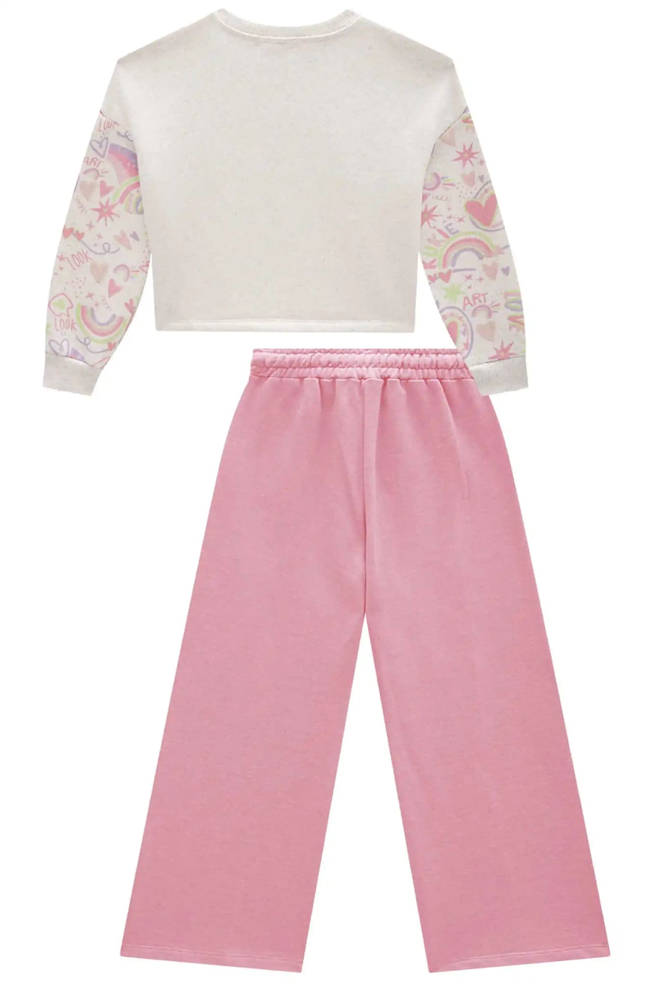 Conjunto Infantil Kukie Inverno Calça Wide Leg Rosa Casaco Ursinhos