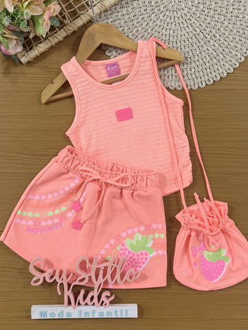 Conjunto Infantil Cinti Verão, Shorts Saia e Regata Laranja com Bolsinha