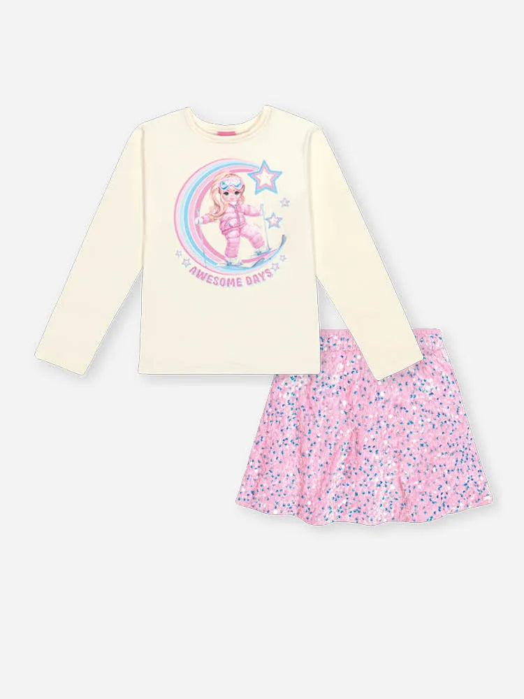 Conjunto Infantil Cinti Inverno Com Saia Rosa Paetê e Blusa Branca Menina Aventureira.