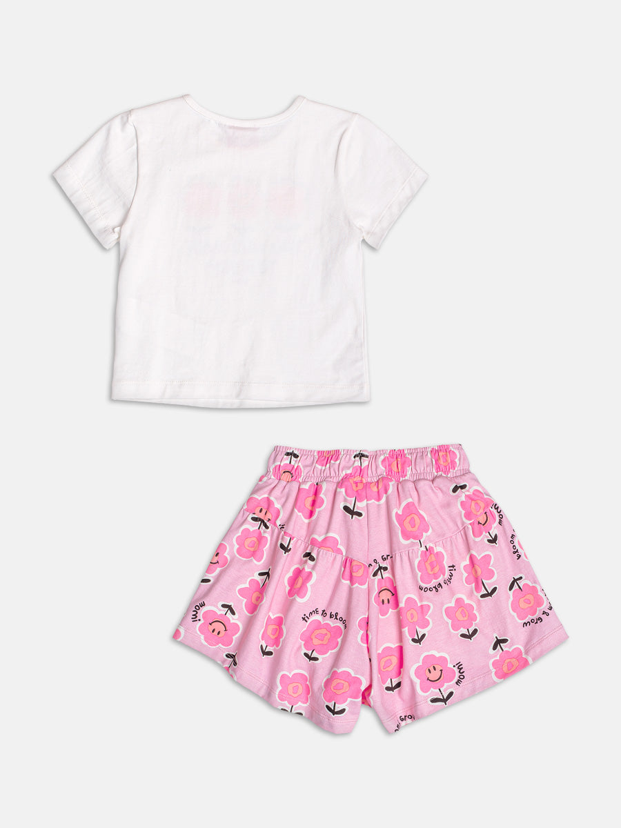 Conjunto Infantil Momi Verão com Shorts Rosa e Blusa Branca Florzinha com Strass