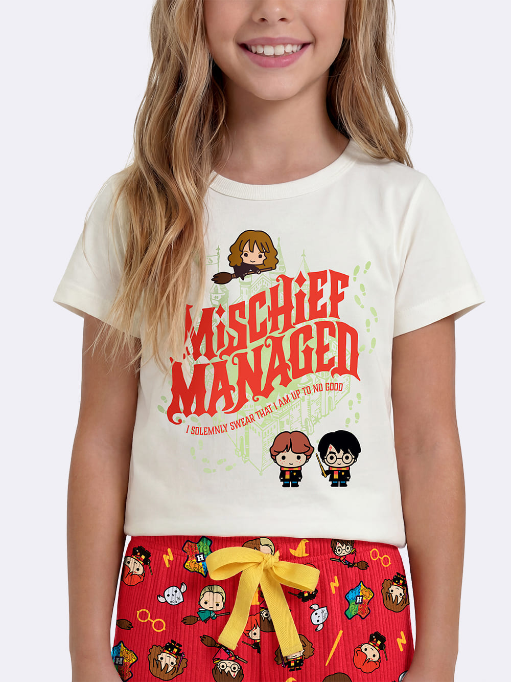 Pijama Infantil Menina Veggi com Shorts Vermelho e Blusa Harry Potter
