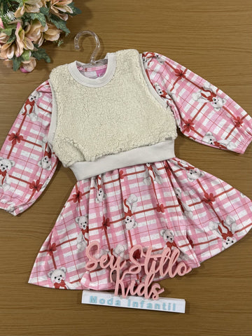 Vestido Infantil Cinti Inverno com Colete Ursinho