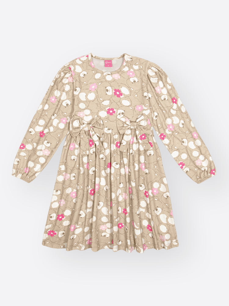 Vestido Infantil Cinti Inverno Manga Longa Bege Ursinho Laços