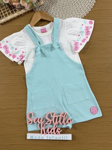 Jardineira Infantil Cinti Verão Azul com Blusa Branca Cerejinha
