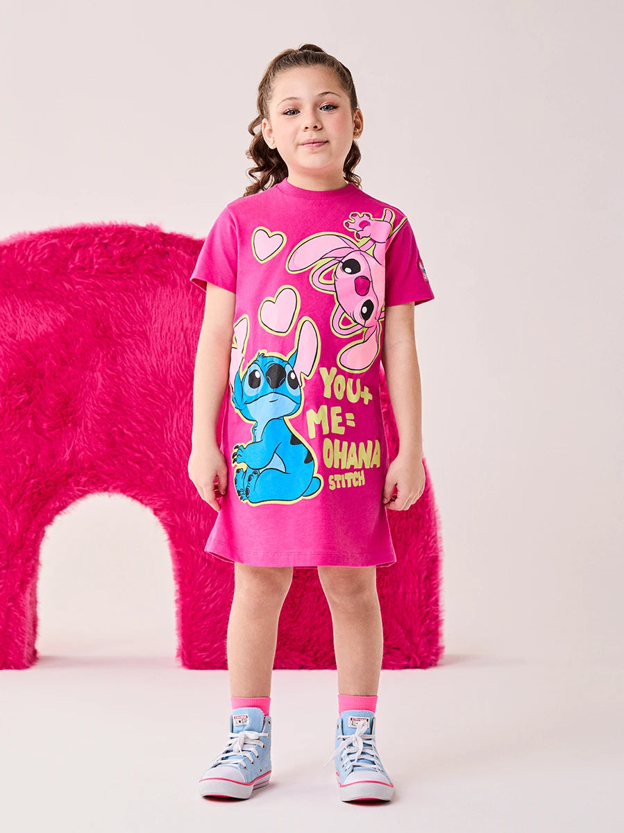 Vestido Infantil Bimbi Inverno Rosa Stitch e Angel Disney