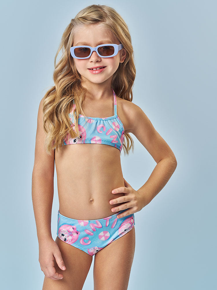 Biquíni Infantil Cinti Verão com Blusa Manga Longa Azul Unicórnio