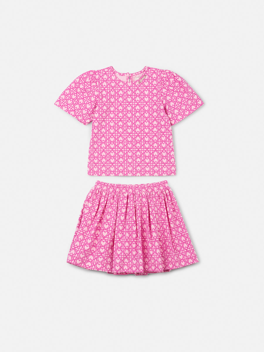 Conjunto Infantil Animê com Saia e Blusa Rosa Corações