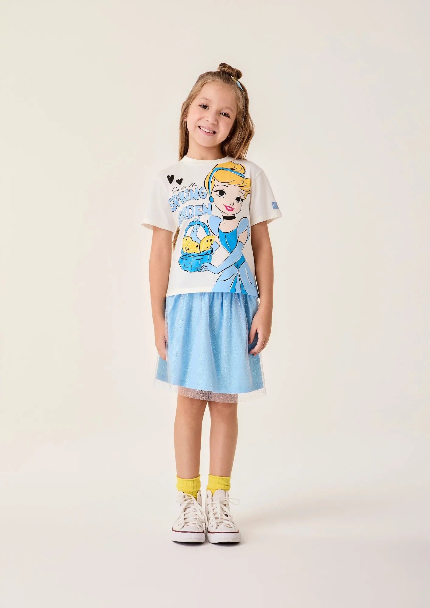 Conjunto Infantil Menina Bimbi com Saia Azul Tule e Blusa Branca Cinderella Disney