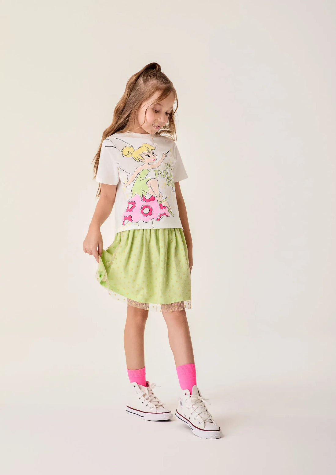 Conjunto Infantil Menina Bimbi com Saia Verde Tule e Blusa Branca Tinkerbell Disney