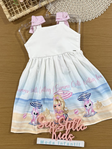 Vestido Infantil Cinti Verão Branco Unicórnio na Praia com Laço