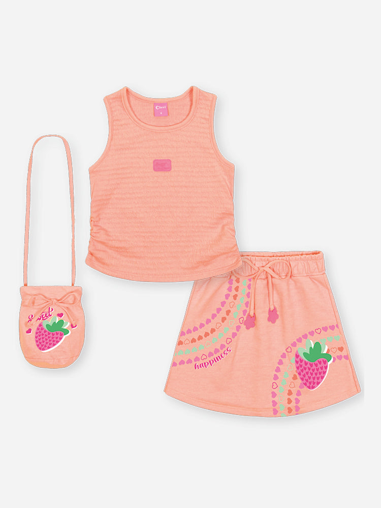 Conjunto Infantil Cinti Verão, Shorts Saia e Regata Laranja com Bolsinha