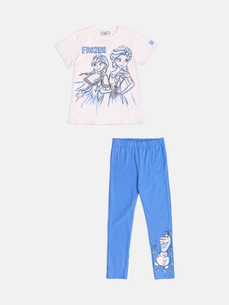 Conjunto Infantil Bimbi Inverno com Calça Legging Azul e Blusa Branca Frozen Disney