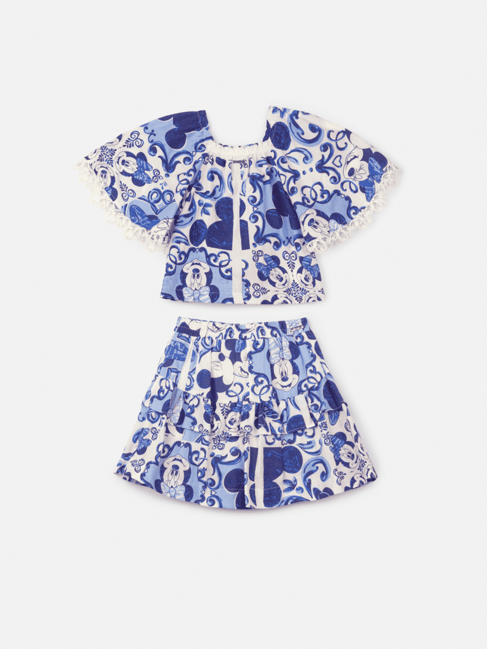Conjunto Infantil Animê Verão Saia e Blusa Azul Minnie e Mickey Disney