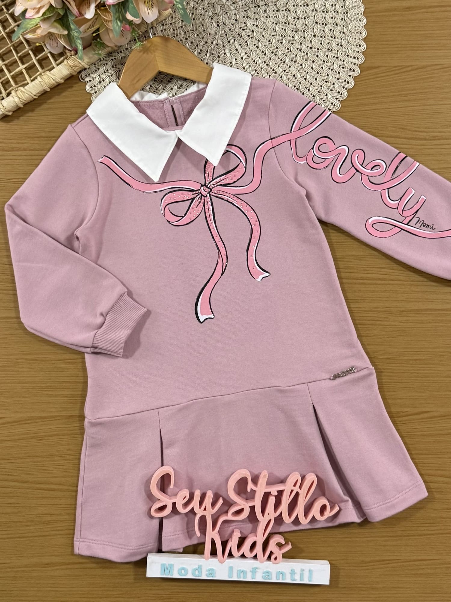Vestido Infantil Momi Inverno Rosa Lacinho com Strass