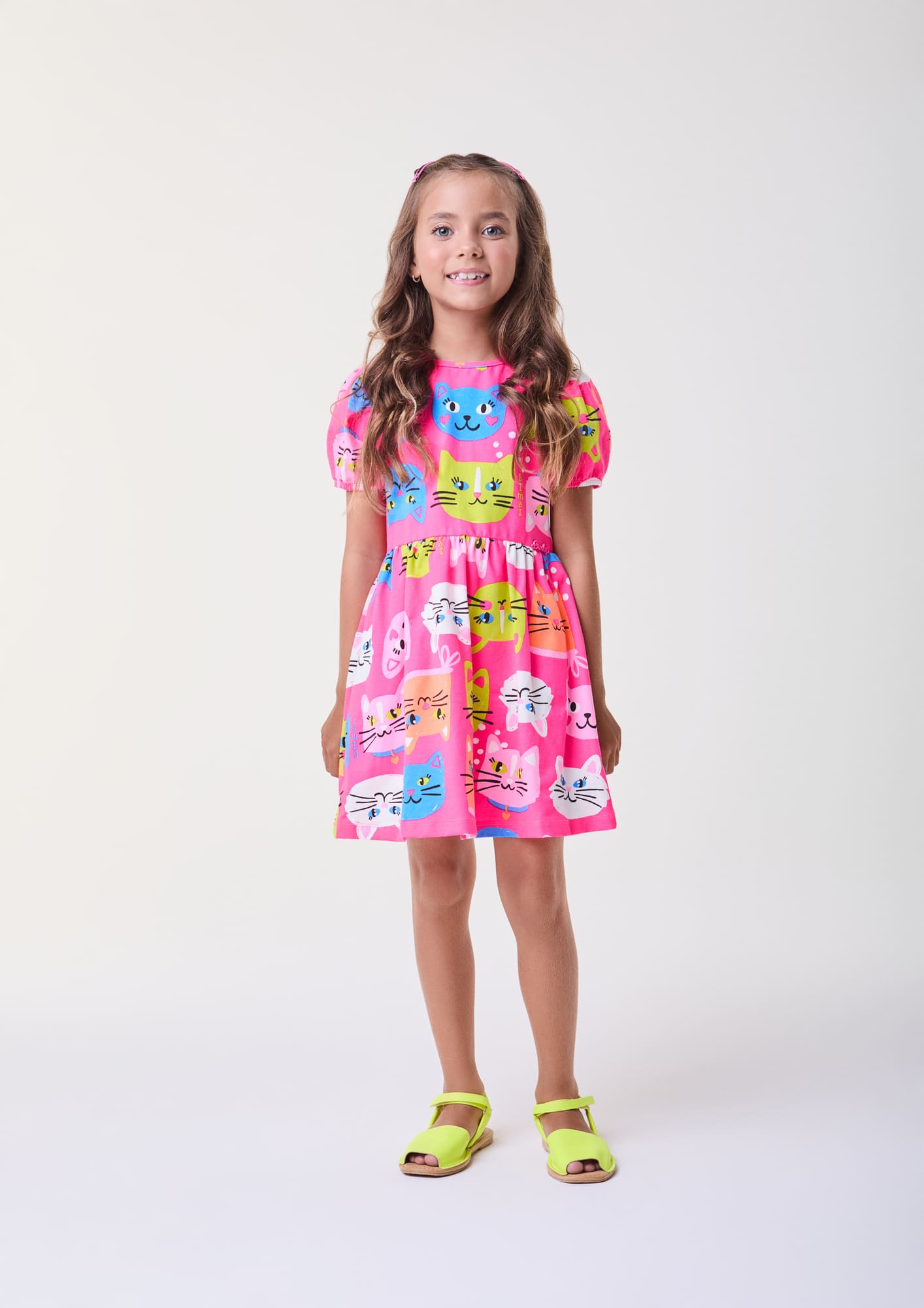 Vestido Infantil Bimbi Verão Rosa Gatinhas