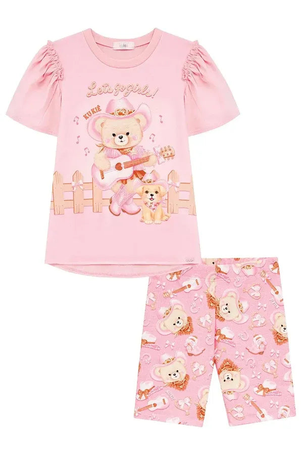 Conjunto Infantil Menina Kukiê com Shorts Ciclista e Blusa Rosa Ursinha Boiadeira