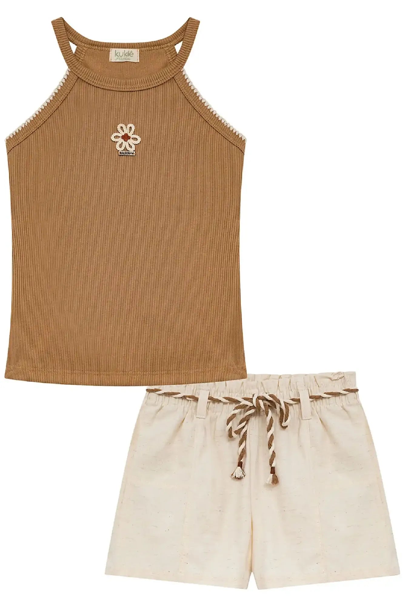 Conjunto Infantil Menina Kukiê com Shorts Bege e Regata Marrom Flor