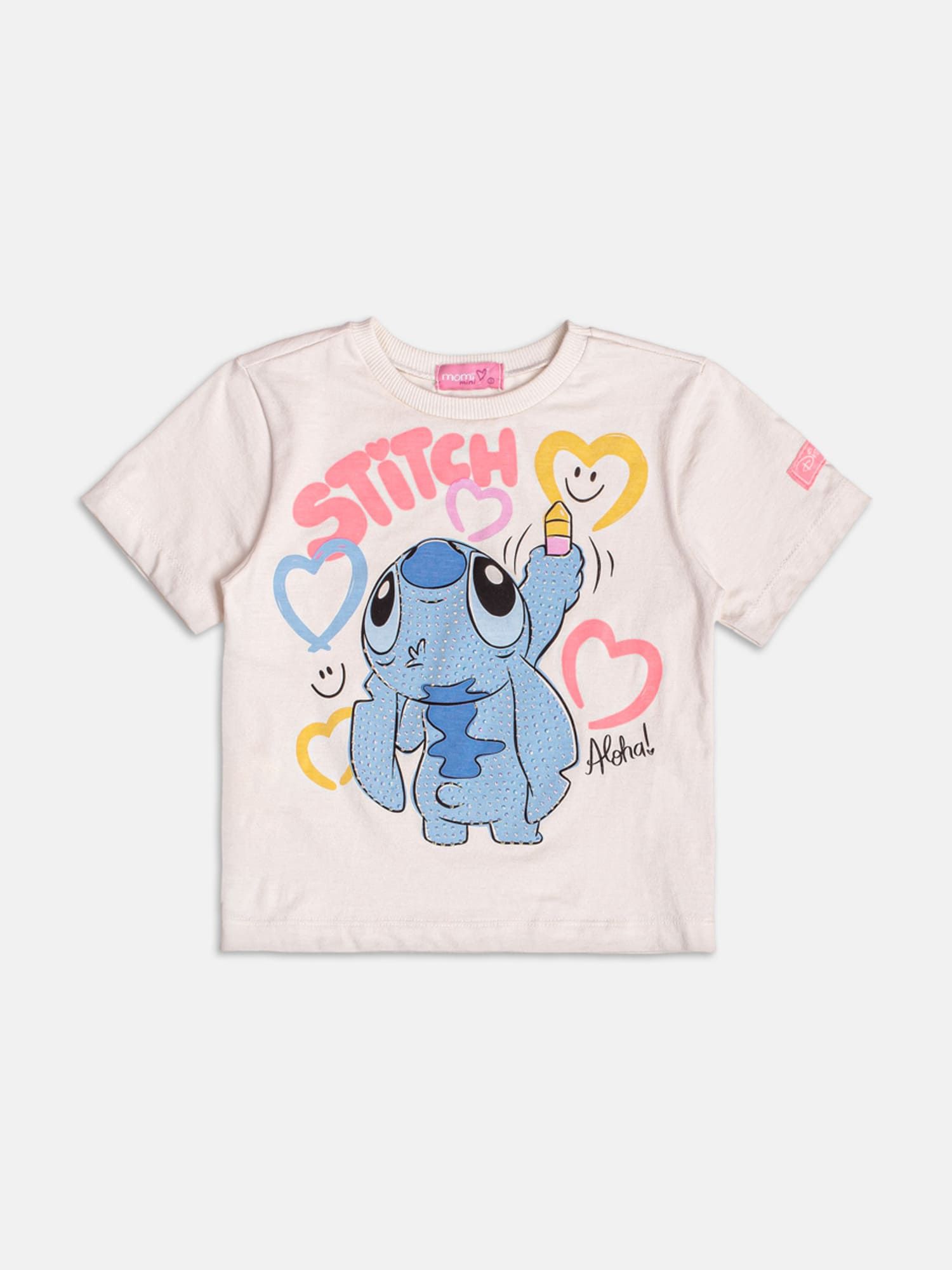 Blusa Infantil Momi Verão Bege Stitch com Strass Disney