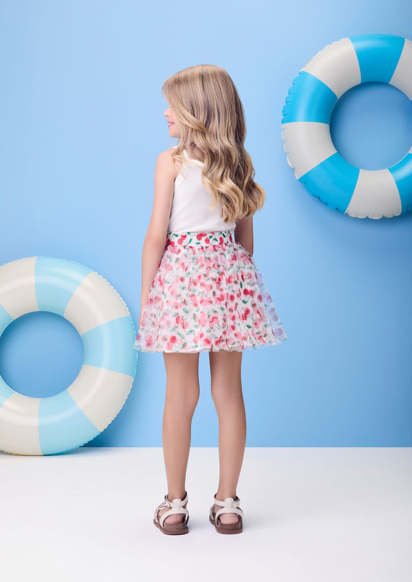 Conjunto Infantil Momi Verão com Saia em Tule Cerejinha e Regata Branca