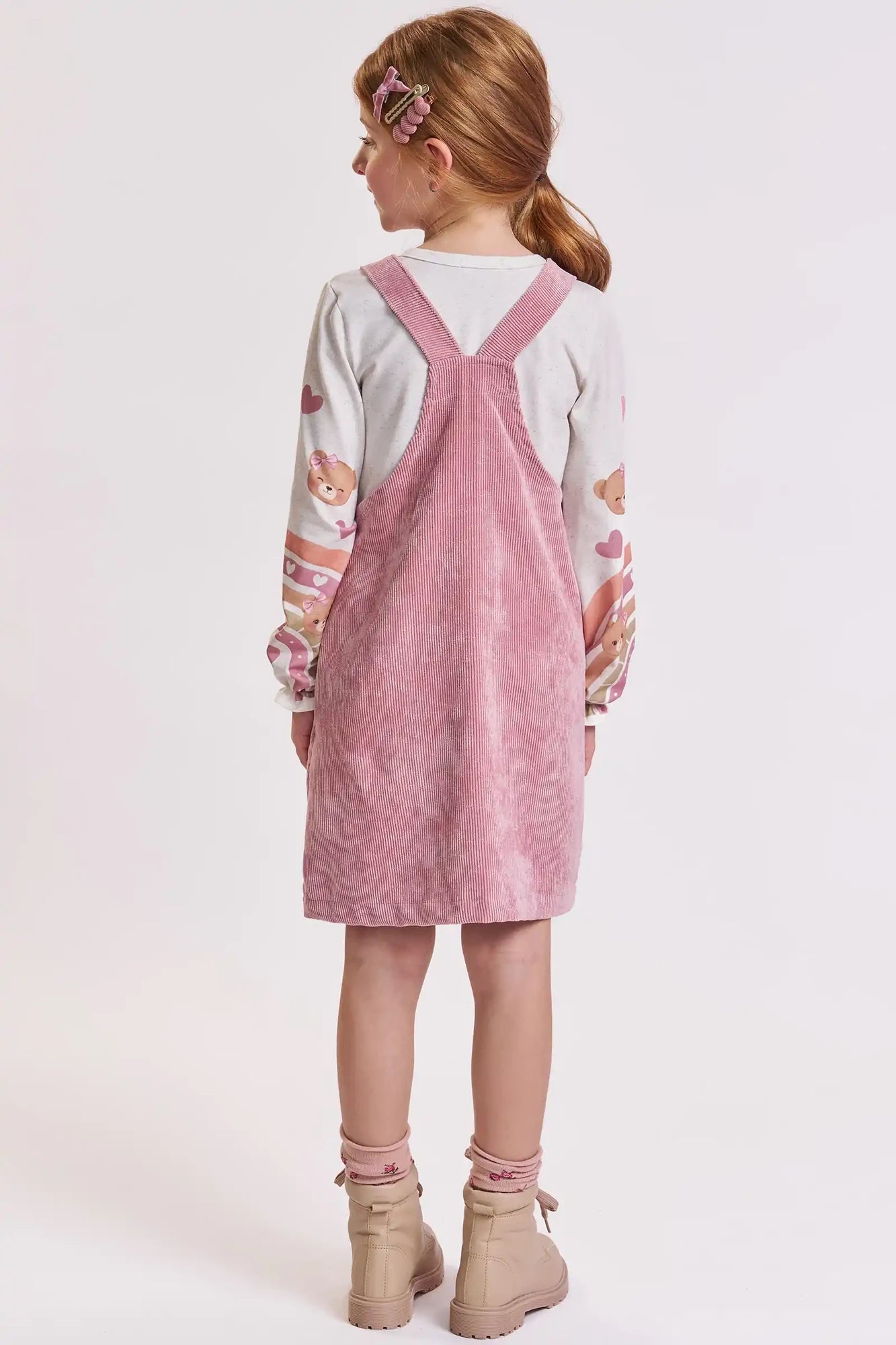 Salopete Infantil Kukiê Inverno Rosa com Blusa Manga Longa Ursinhos