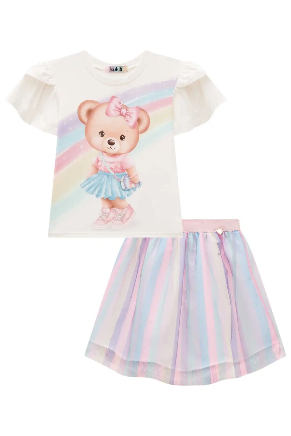 Conjunto Infantil Kukie Verão Saia e Blusa Ursinha com Strass