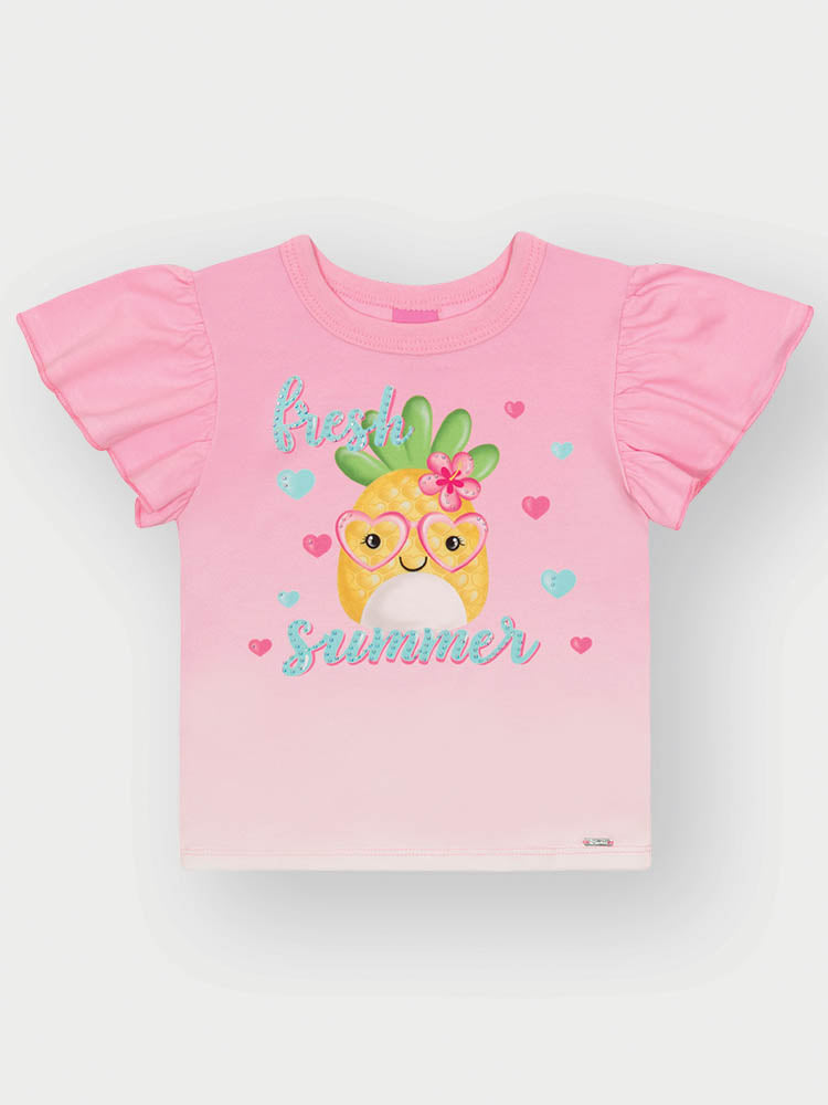 Blusa Infantil Cinti Verão Rosa Abacaxi com Strass