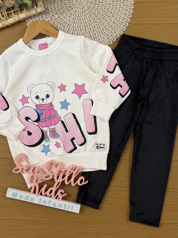Conjunto Infantil Cinti Inverno Com Calça Preta e Moletom Flanelado Ursinha